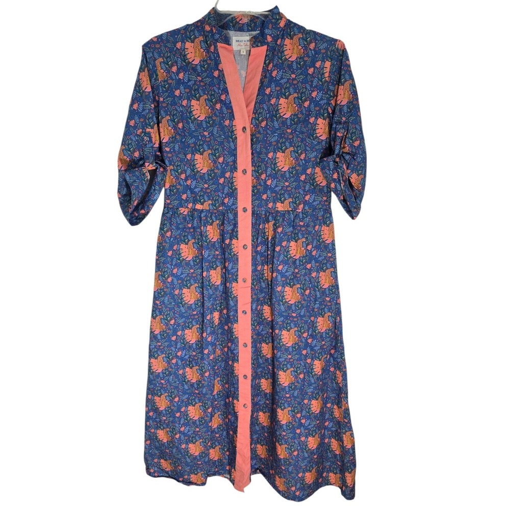 Beau & Ro Alice Colin Leopard Floral Cotton Midi Button Front Shirt Dress Blue S